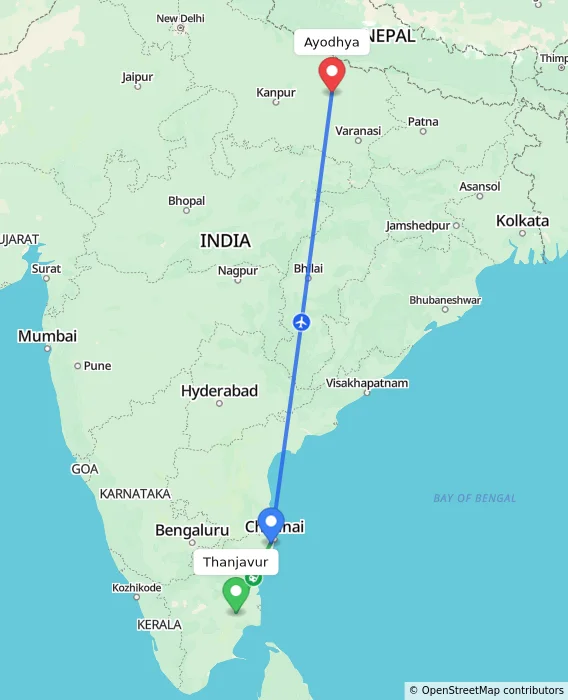 Route map showing distance and travel time from Thanjavur, India to Ayodhya, India