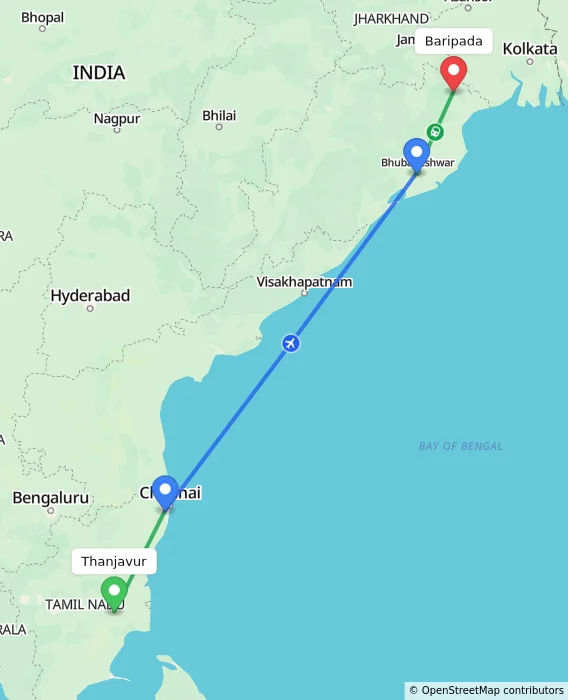 Route map showing distance and travel time from Thanjavur, India to Baripada, India