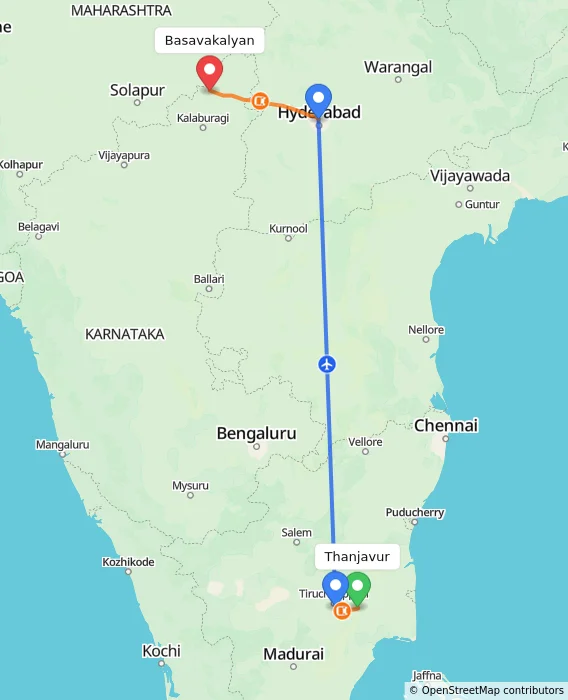 Route map showing distance and travel time from Thanjavur, India to Basavakalyan, India