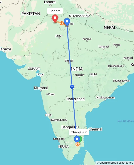 Route map showing distance and travel time from Thanjavur, India to Bhadra, India