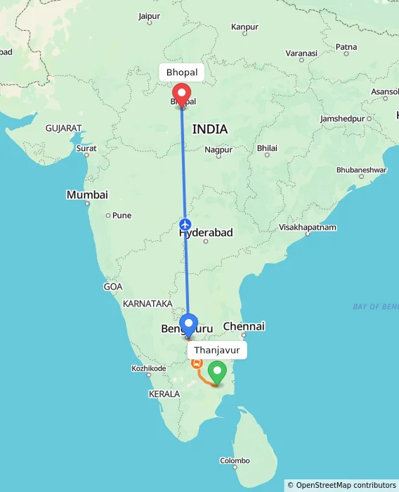 Route map showing distance and travel time from Thanjavur, India to Bhopal, India