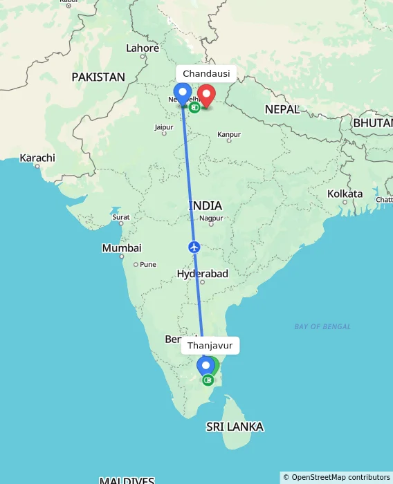 Route map showing distance and travel time from Thanjavur, India to Chandausi, India