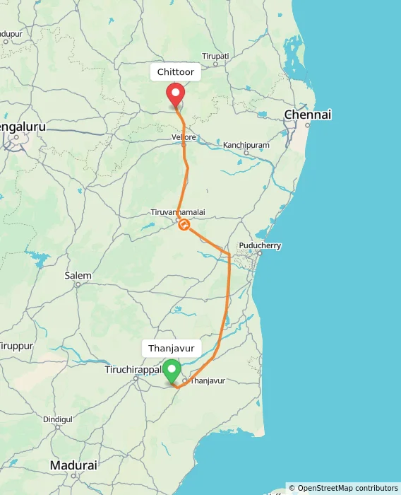 Route map showing distance and travel time from Thanjavur, India to Chittoor, India