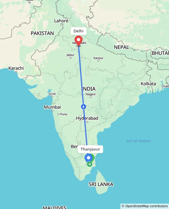 Route map showing distance and travel time from Thanjavur, India to Delhi, India