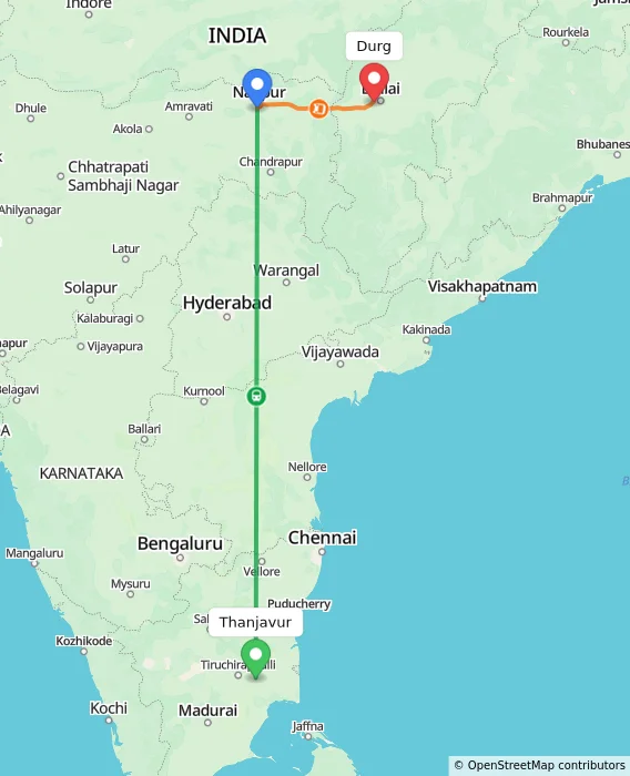 Route map showing distance and travel time from Thanjavur, India to Durg, India