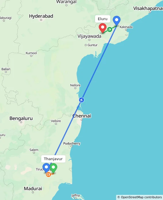 Route map showing distance and travel time from Thanjavur, India to Eluru, India
