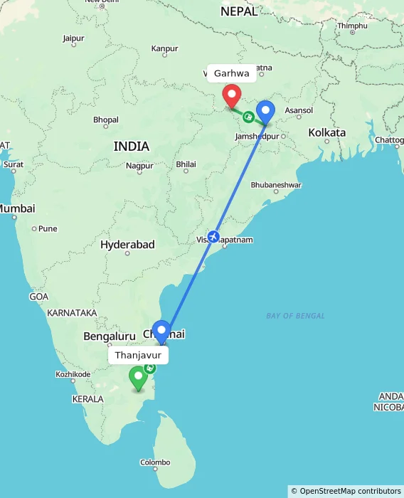 Route map showing distance and travel time from Thanjavur, India to Garhwa, India