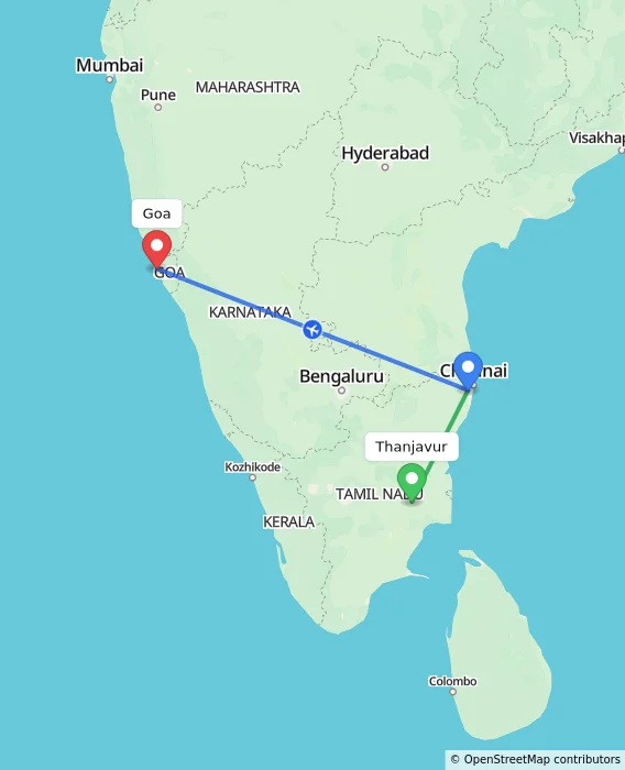 Route map showing distance and travel time from Thanjavur, India to Goa, India