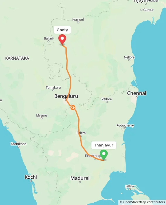 Route map showing distance and travel time from Thanjavur, India to Gooty, India