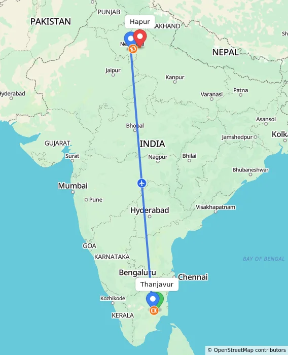 Route map showing distance and travel time from Thanjavur, India to Hapur, India