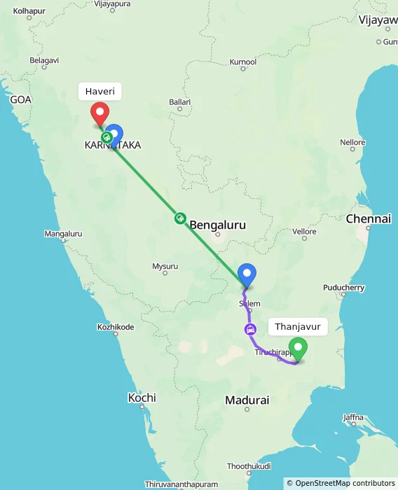 Route map showing distance and travel time from Thanjavur, India to Haveri, India