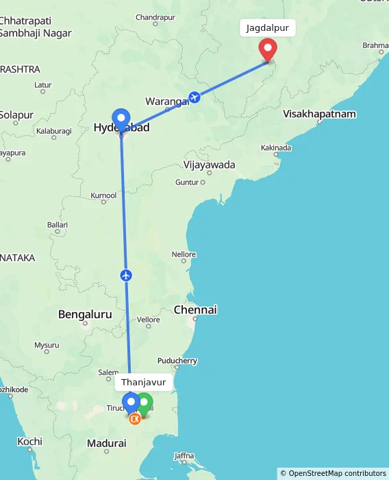 Route map showing distance and travel time from Thanjavur, India to Jagdalpur, India