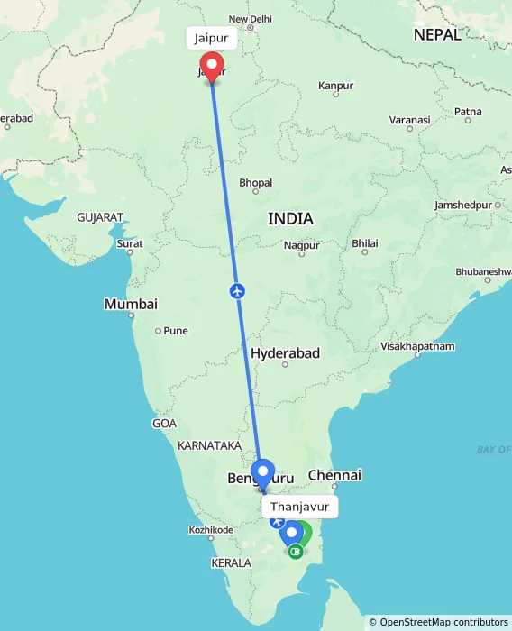 Route map showing distance and travel time from Thanjavur, India to Jaipur, India