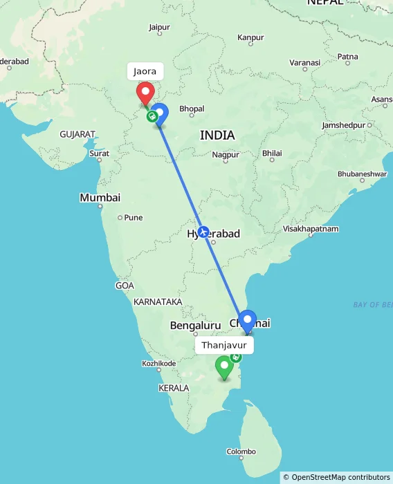 Route map showing distance and travel time from Thanjavur, India to Jaora, India