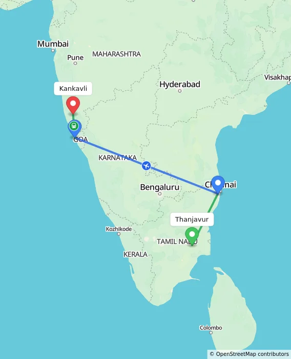 Route map showing distance and travel time from Thanjavur, India to Kankavli, India