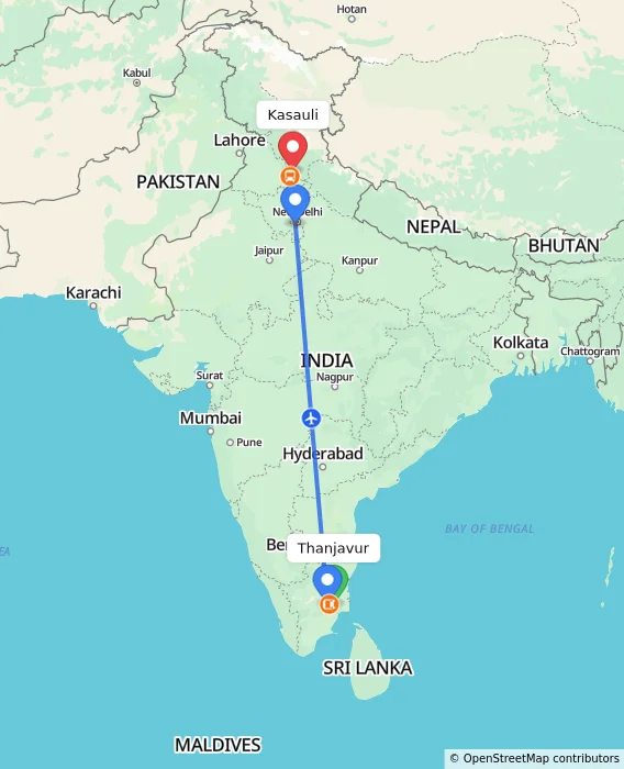 Route map showing distance and travel time from Thanjavur, India to Kasauli, India