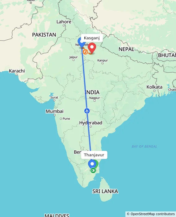 Route map showing distance and travel time from Thanjavur, India to Kasganj, India