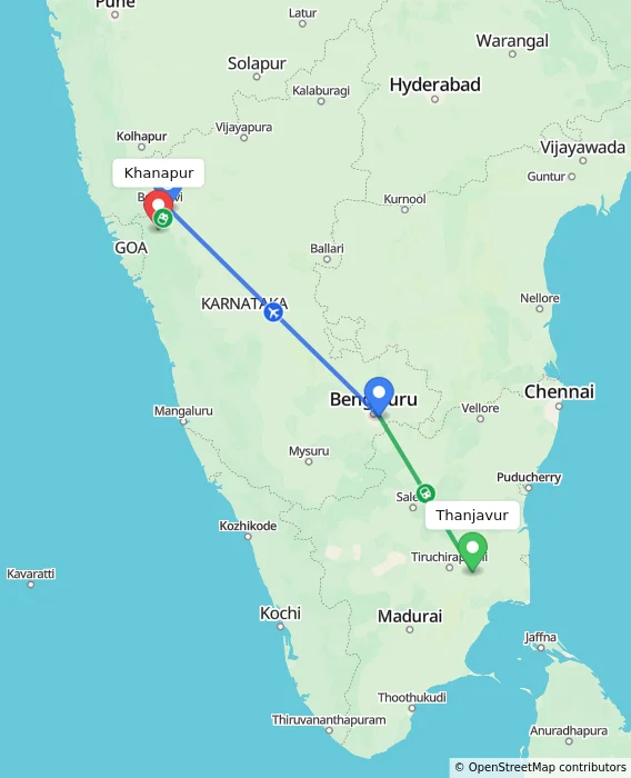 Route map showing distance and travel time from Thanjavur, India to Khanapur, India