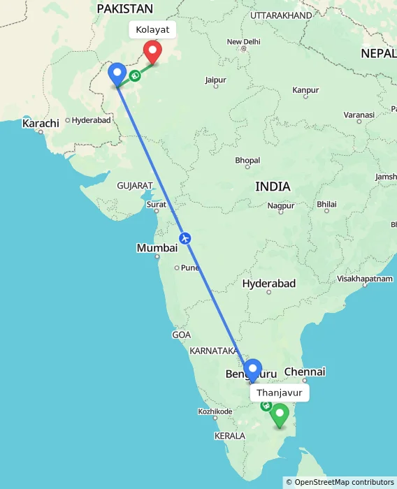 Route map showing distance and travel time from Thanjavur, India to Kolayat, India