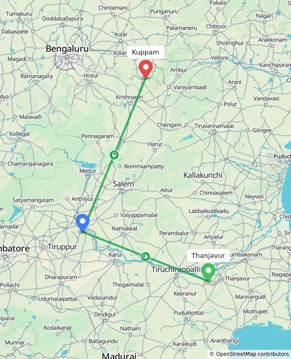 Route map showing distance and travel time from Thanjavur, India to Kuppam, India