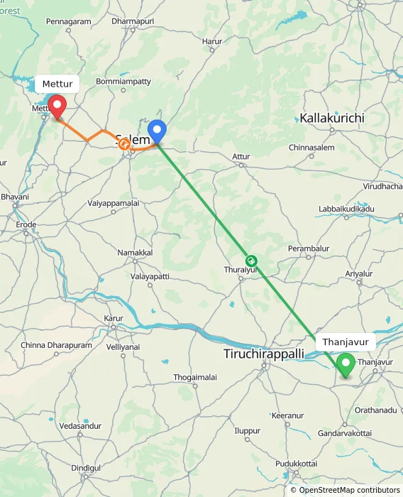 Route map showing distance and travel time from Thanjavur, India to Mettur, India