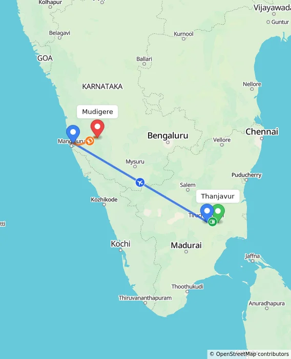Route map showing distance and travel time from Thanjavur, India to Mudigere, India