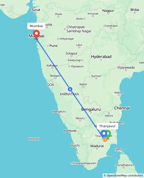 Route map showing distance and travel time from Thanjavur, India to Mumbai, India