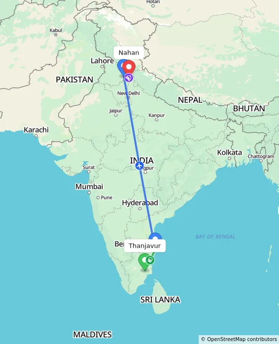 Route map showing distance and travel time from Thanjavur, India to Nahan, India