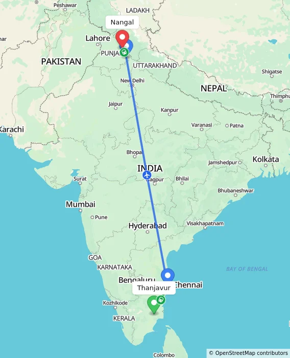 Route map showing distance and travel time from Thanjavur, India to Nangal, India