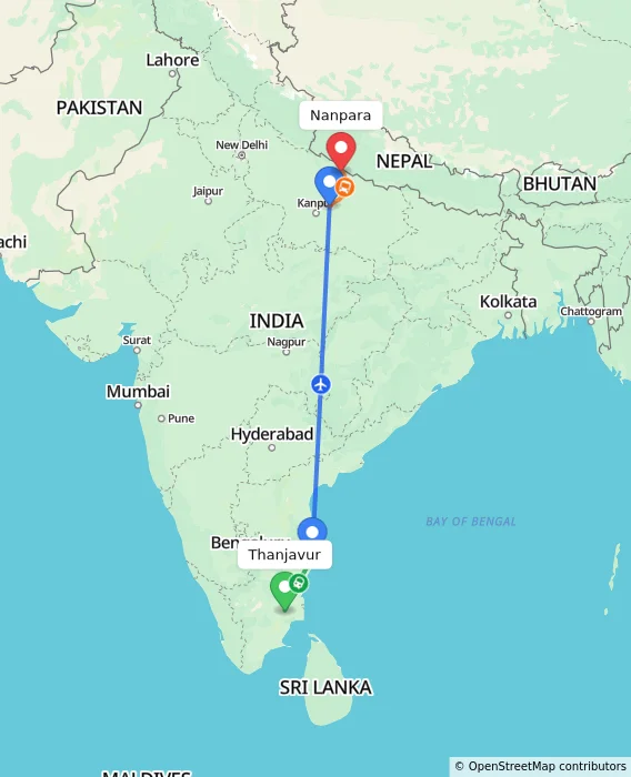 Route map showing distance and travel time from Thanjavur, India to Nanpara, India