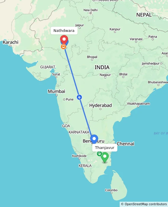 Route map showing distance and travel time from Thanjavur, India to Nathdwara, India