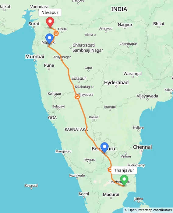 Route map showing distance and travel time from Thanjavur, India to Navapur, India