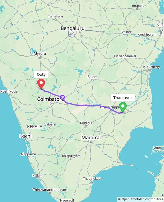 Route map showing distance and travel time from Thanjavur, India to Ooty, India