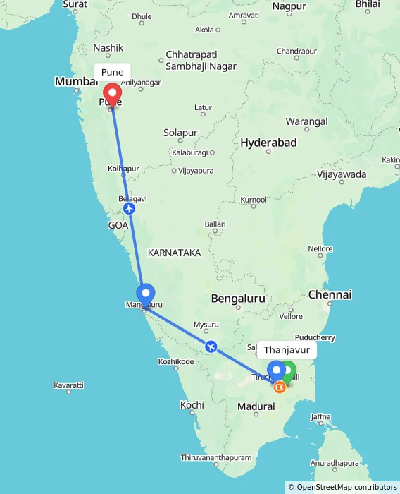Route map showing distance and travel time from Thanjavur, India to Pune, India