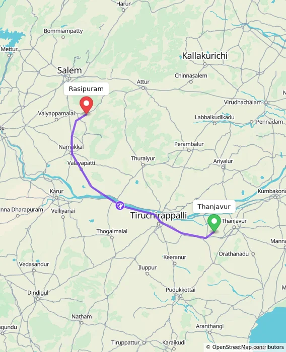 Route map showing distance and travel time from Thanjavur, India to Rasipuram, India