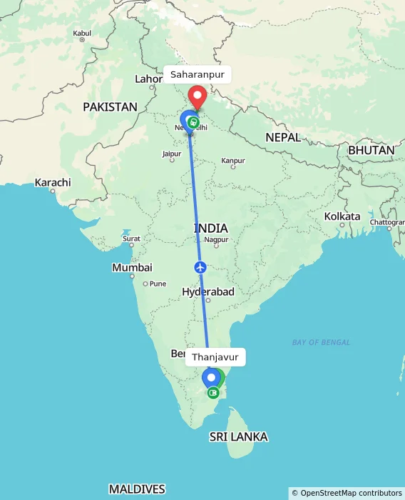 Route map showing distance and travel time from Thanjavur, India to Saharanpur, India