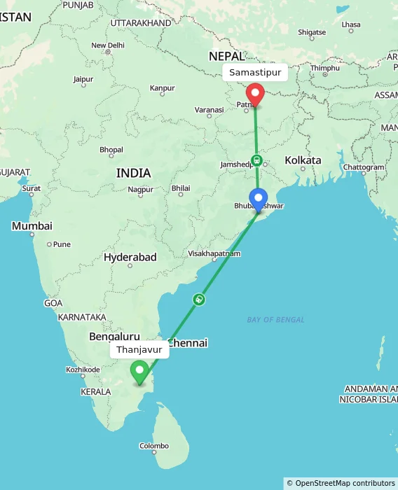 Route map showing distance and travel time from Thanjavur, India to Samastipur, India