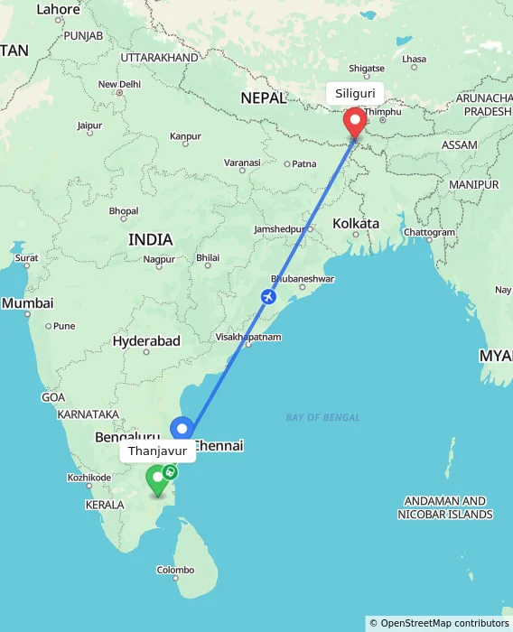 Route map showing distance and travel time from Thanjavur, India to Siliguri, India
