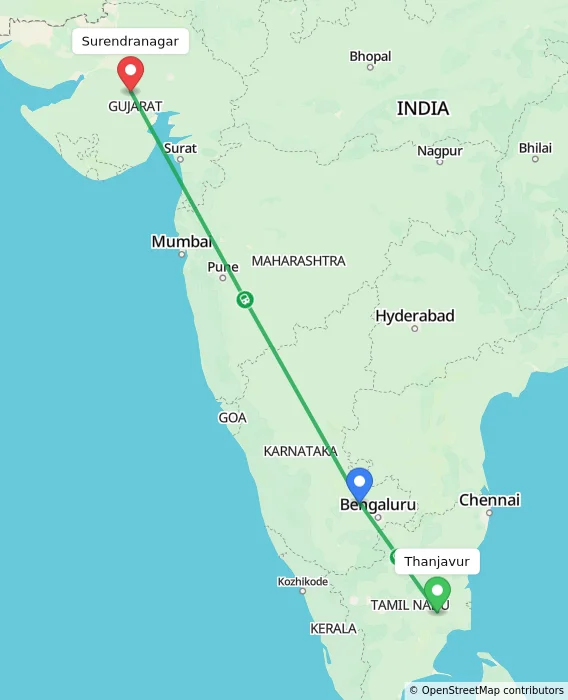Route map showing distance and travel time from Thanjavur, India to Surendranagar, India