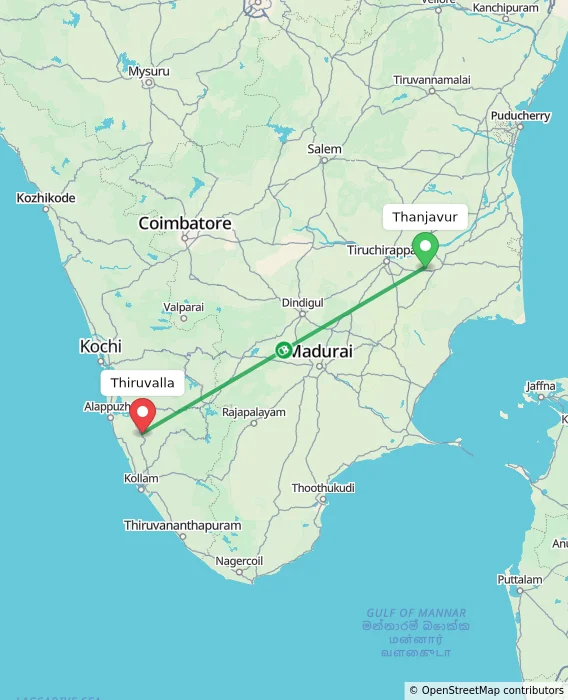 Route map showing distance and travel time from Thanjavur, India to Thiruvalla, India