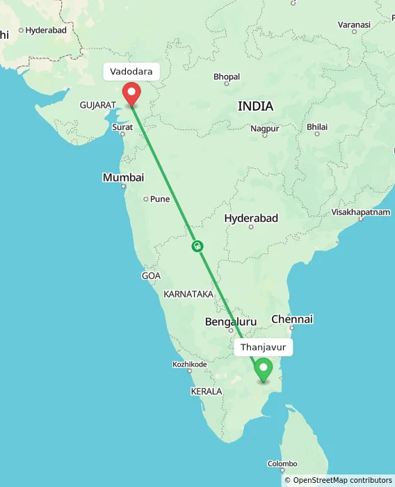 Route map showing distance and travel time from Thanjavur, India to Vadodara, India