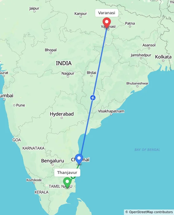 Route map showing distance and travel time from Thanjavur, India to Varanasi, India