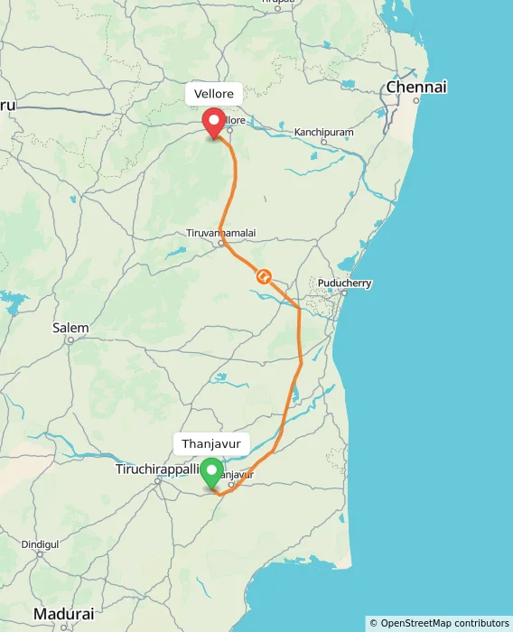 Route map showing distance and travel time from Thanjavur, India to Vellore, India