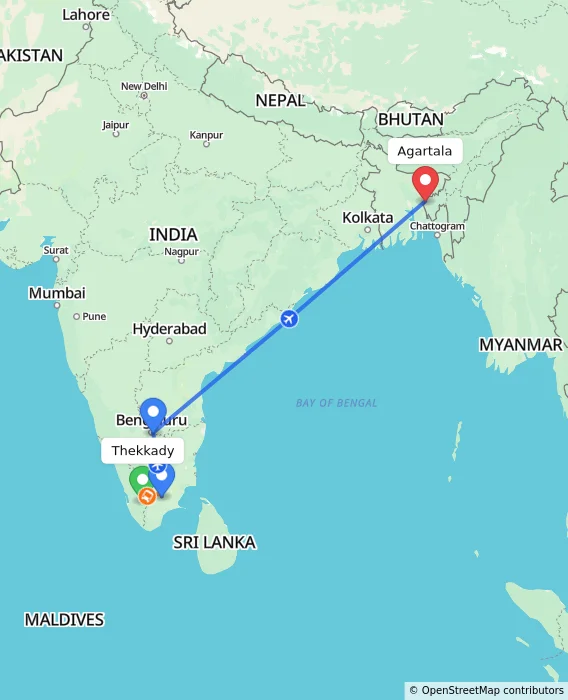 Route map showing distance and travel time from Thekkady, India to Agartala, India