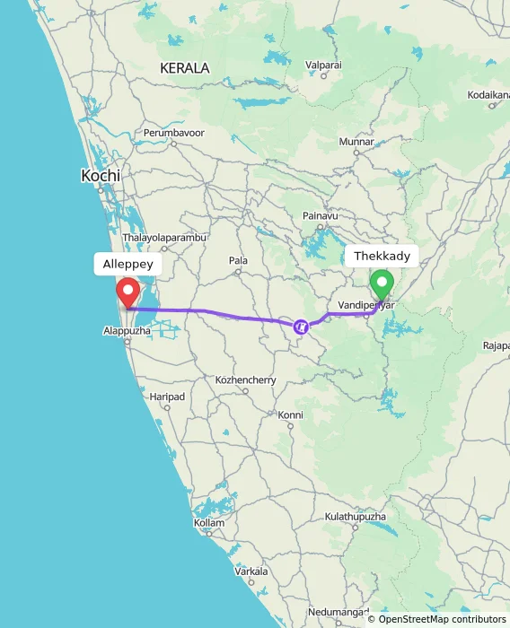 Route map showing distance and travel time from Thekkady, India to Alleppey, India