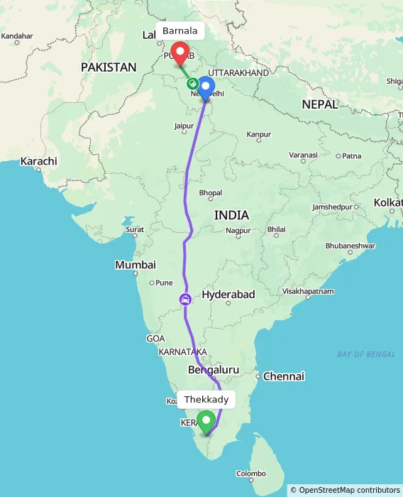 Route map showing distance and travel time from Thekkady, India to Barnala, India