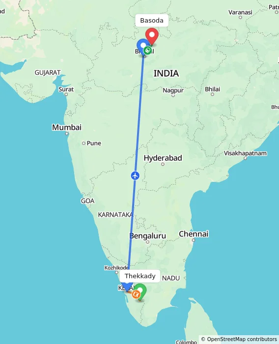 Route map showing distance and travel time from Thekkady, India to Basoda, India