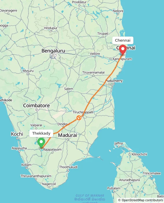 Route map showing distance and travel time from Thekkady, India to Chennai, India
