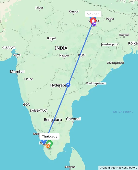 Route map showing distance and travel time from Thekkady, India to Chunar, India
