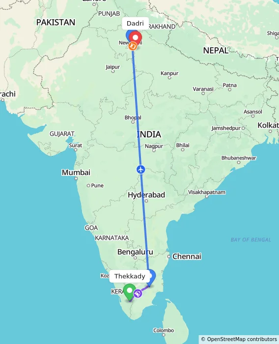 Route map showing distance and travel time from Thekkady, India to Dadri, India
